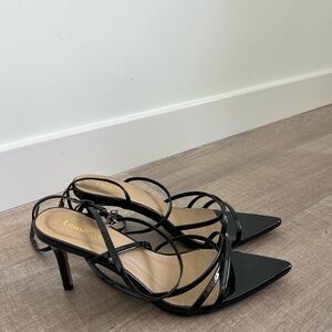 Lemon Glossy Black Strappy Heels